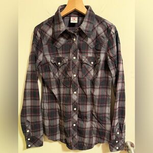 True Religion Women Gray Burgundy Plaid Snaps Button-Up Shirt - size Medium
